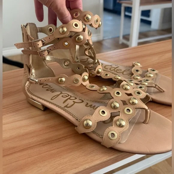 Sam Edelman Tan & Gold Metal Detail Boho Eclectic Desi Gladiator Sandals - Picture 12 of 13